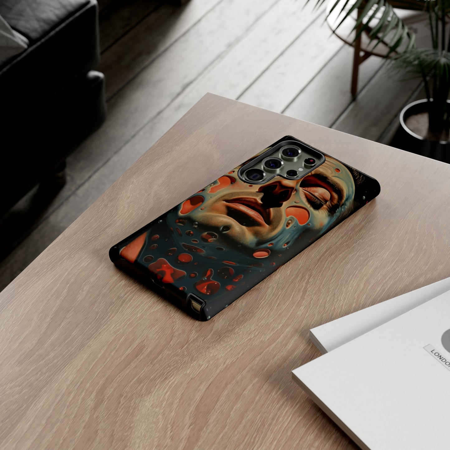 An image of a unique AI generated graphic surrealism design on a tough phone case