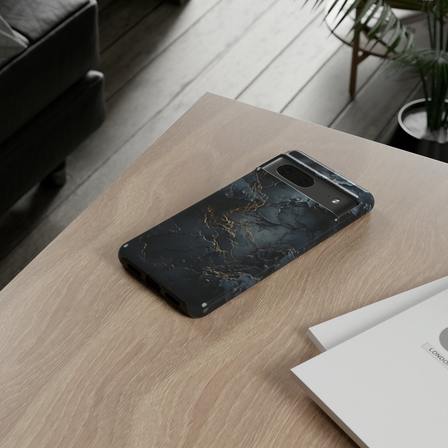 Earthen Gold Veins Dark Slate Phone Case - sedimentary rock formations - Samsung Galaxy S23, iPhone 15, Google Pixel 7 - Abstract Landscape