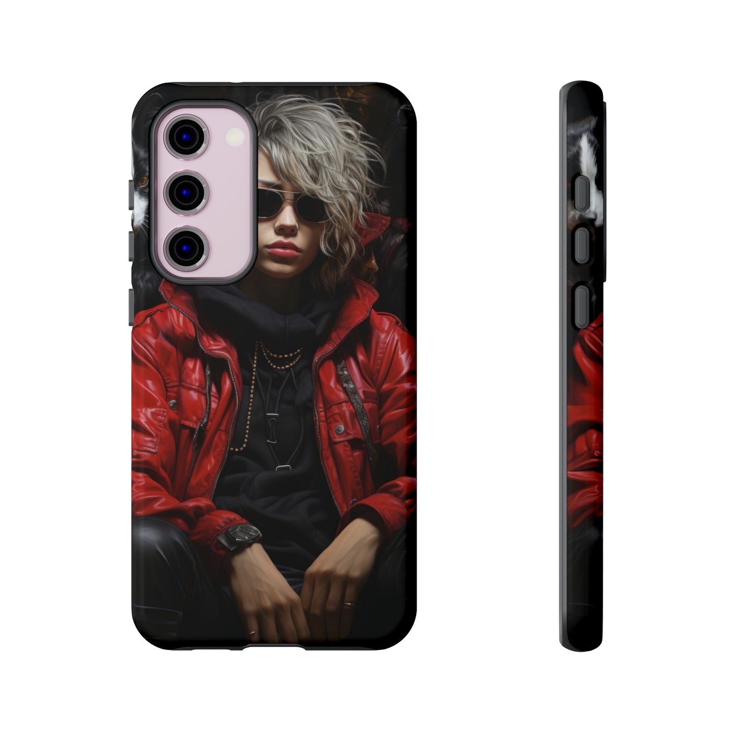 Red Rebel Realm: Woman in Leather Jacket with Fantasy Dogs Phone Case for iPhone, Samsung, Pixel
