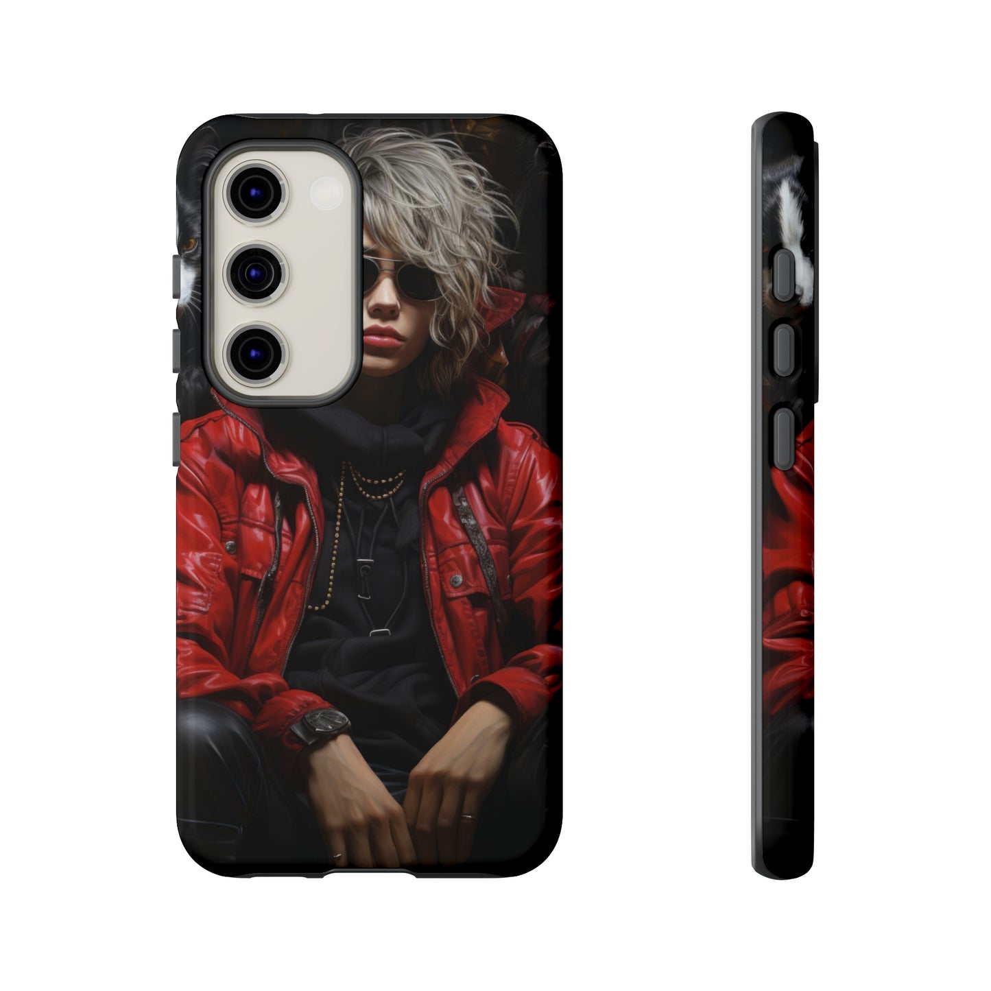 Red Rebel Realm: Woman in Leather Jacket with Fantasy Dogs Phone Case for iPhone, Samsung, Pixel